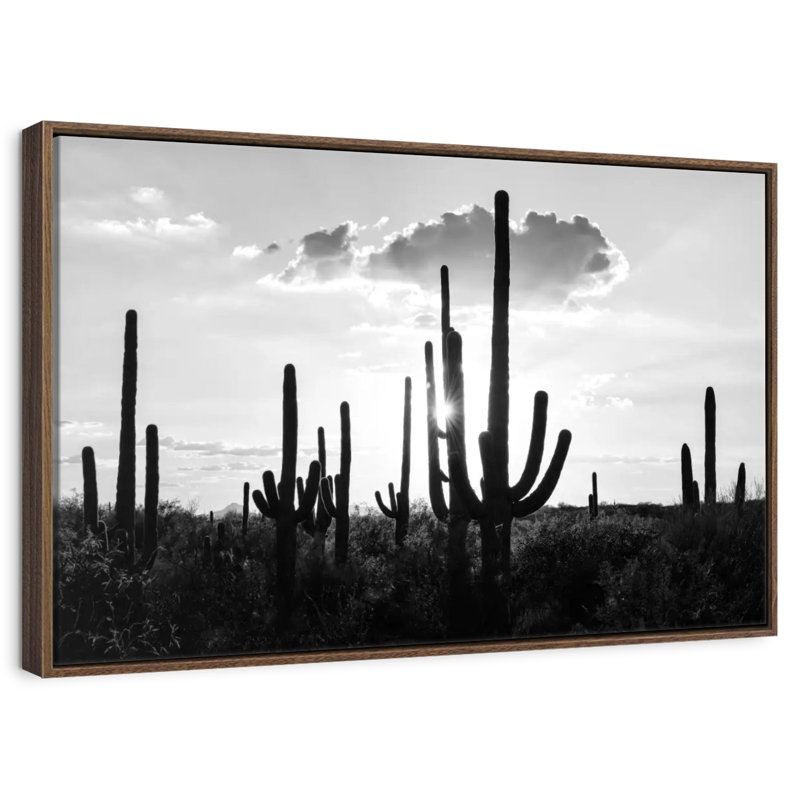 Arizona noir - Silhouettes de cactus, Cadre flottant noyer, 31 po x 21 po