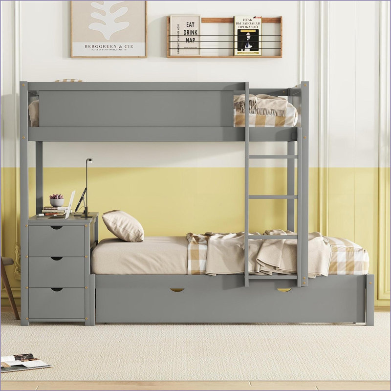 Lit superposé simple avec lit gigogne, bureau et amp; Rangement - gris, sans sommier pour les pièces compactes, Gris