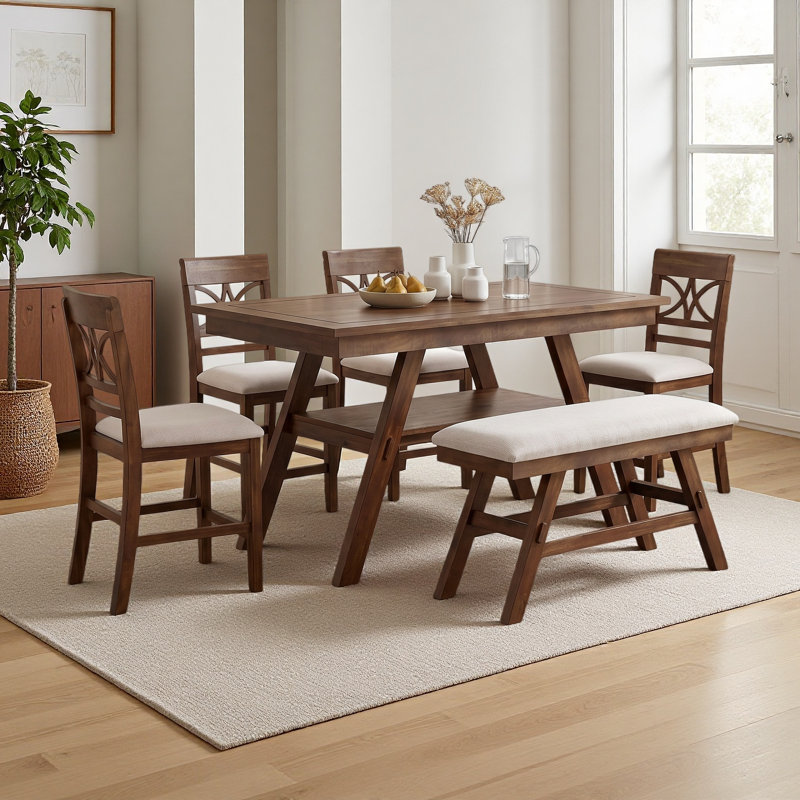 Ensemble de table de salle à manger 6 pièces à hauteur de comptoir en bois avec tablette de rangement, ensemble de table de cuisine avec banc et 4 chaises, style rustique