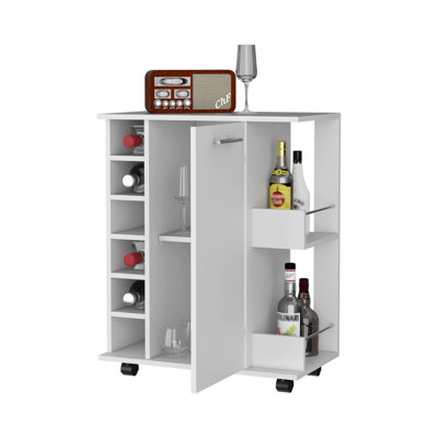 Mobile Bar Cart with 6-Bottle Wine Rack and Open Shelves, White Engineered Wood Storage on Casters for Home Kitchen