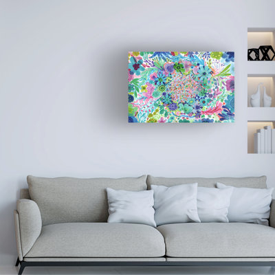 Wrapped Canvas Wall Art - Noemi Ibarz 'Circular Blue Flower' Wall Art for Living Room, Bedroom, or Office Décor  - 16x24