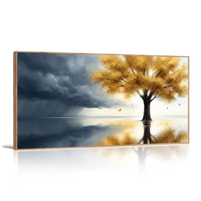 Golden Tree In Water With Stormy Sky Canvas Wall Art