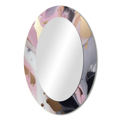 Pink And Gold Inner Worlds Of Marble I - Abstract Oval Decorative Mirror On Metal