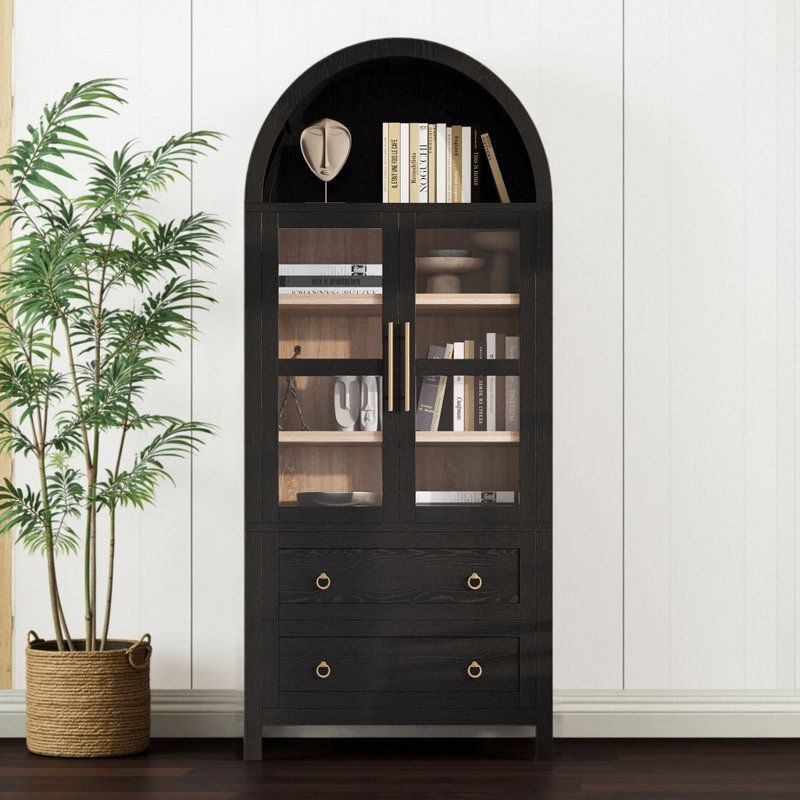 Tall Arched Top Cabinet Bookcase with Glass Doors and Drawers for Kitchen, Workspace, Black