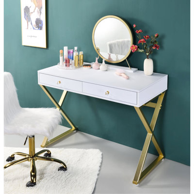 Meuble-lavabo blanc et doré avec plateau à bijoux amovible en miroir, matériau principal en métal, 2 tiroirs pour ranger le cadre essentiel, rangement nécessaire
