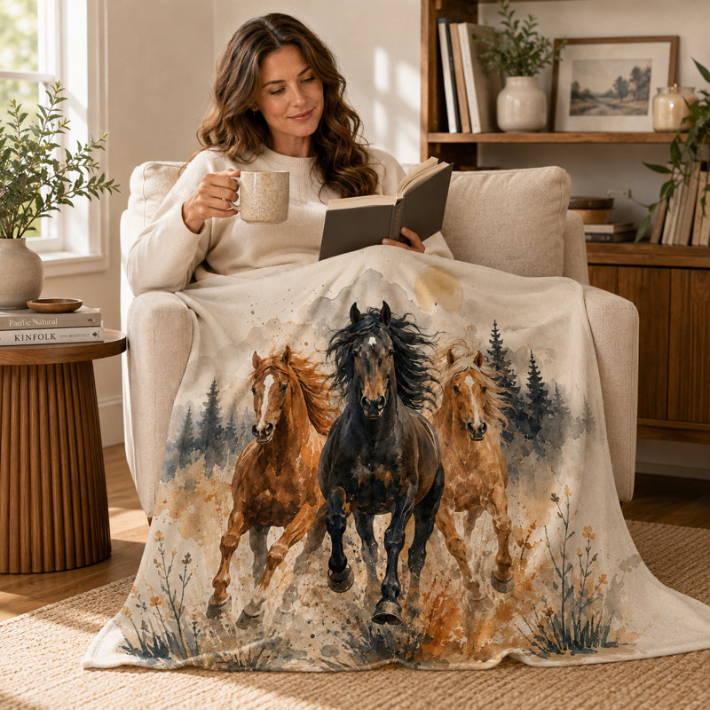 Couverture en flanelle à motif de cheval au galop avec aquarelle, forêt
