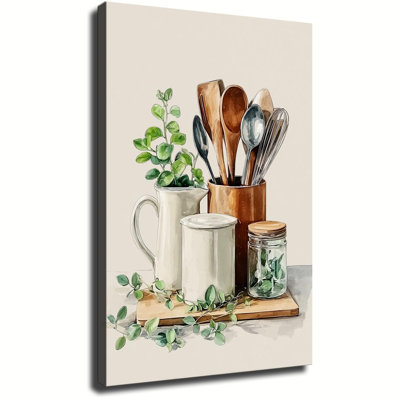 Illustration à l'aquarelle d'ustensiles de cuisine de ferme et d'eucalyptus, grande toile tendue sur châssis pour salon ou chambre.