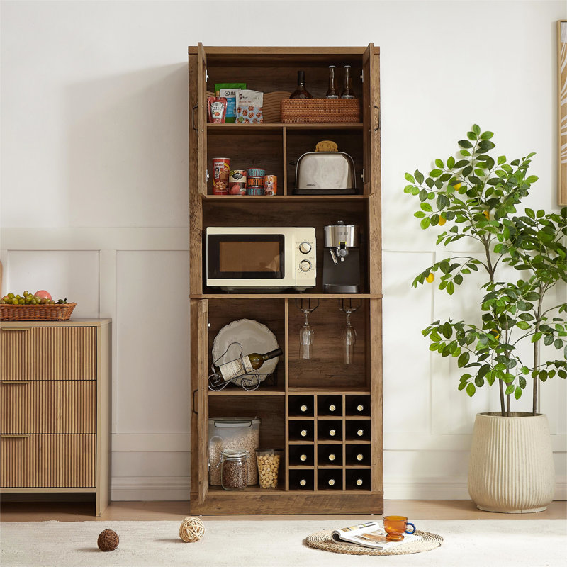Armoire de bar rustique couleur chêne avec tablettes de rangement ouvertes et imprimées en 3D 76,4H