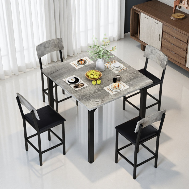 Dining Table Set For 4, Counter Height Table & 4 Bar Stools, Modern Kitchen Dining Set, With Upholstered Chairs, White, Grey