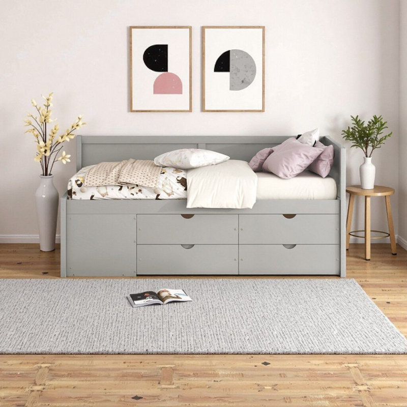 Gray Twin Size Storage Daybed with Pull-Out Drawers & Shelves - Solid Wood Frame, Gray
