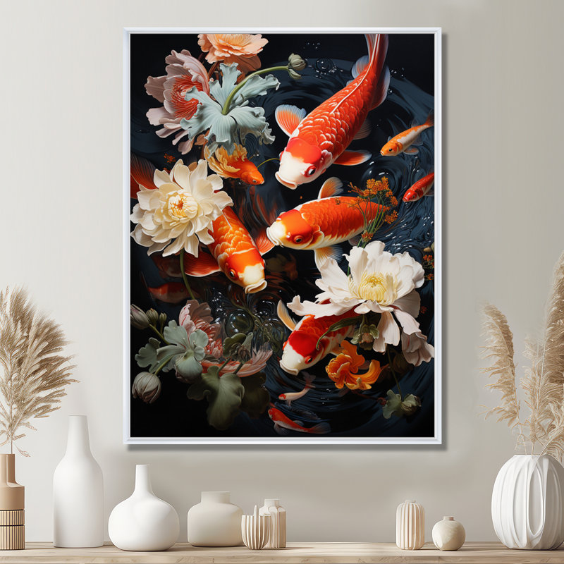 «Asian Art Infinite Koi I», reproduction d'art sur toile, H 20 po x l 12 po x P 1 po, Cadre flottant blanc