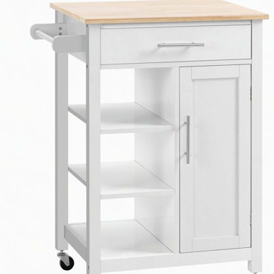 Kitchen Island Cart, Rolling Kitchen Island with Storage Shelf, Solid Wood Top, Drawer, for Dining Room, White