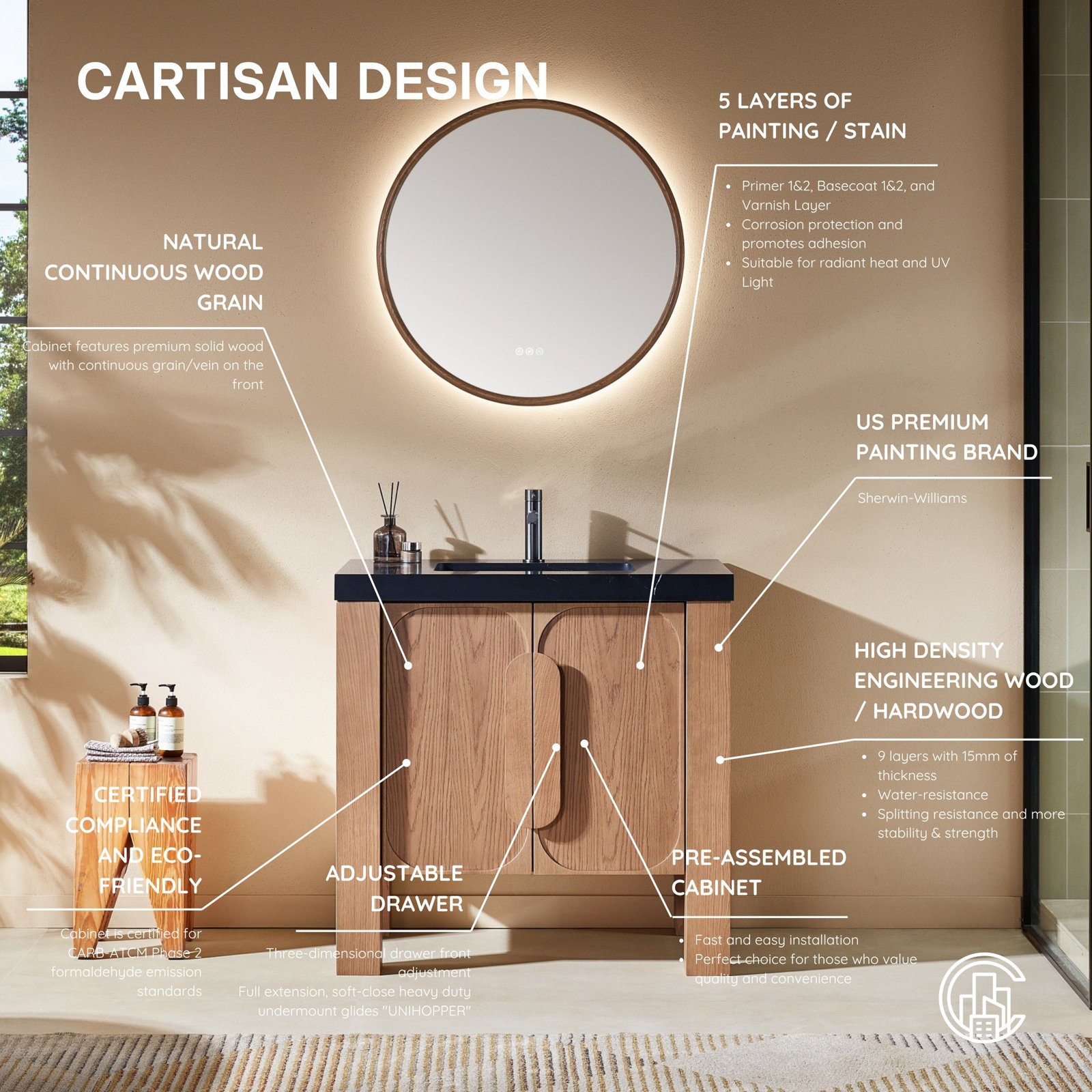 Munich 36" Single Vanity, Black, Natural