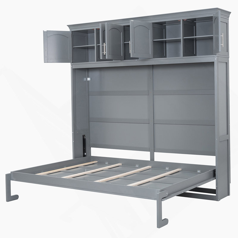 Lit escamotable double pleine grandeur avec armoires supérieures, peu encombrant et élégant pour les maisons modernes.