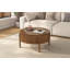 Table basse moderne en noyer de style campagnard, table basse ronde à plateau relevable avec compartiment de rangement dissimulé, table d'appoint centrale circulaire en bois massif cannelé pour les espaces de salon