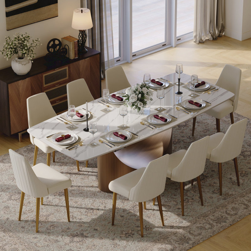 Ensemble de salle à manger moderne, ensemble de table de salle à manger rectangulaire pré-assemblé, ensemble de table de salle à manger en pierre frittée avec chaises rembourrées en similicuir