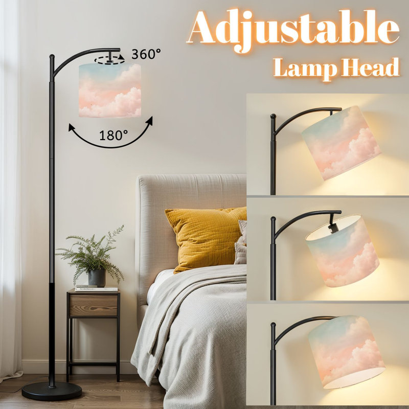 Lampe sur pied à arc avec abat-jour réglable, ciel pastel, nuages doux, rose clair, teintes bleues, lampe sur pied, 3 températures de couleur, intensité variable, grand mât avec interrupteur au pied pour la chambre à coucher