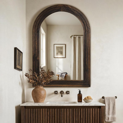 Miroir de salle de bain arqué, cadre mural en bois brun de 40 po x 28 po | Miroir de coiffeuse Farmhouse Vintage avec cadre en couches pour hall d'entrée, salon, chambre à coucher