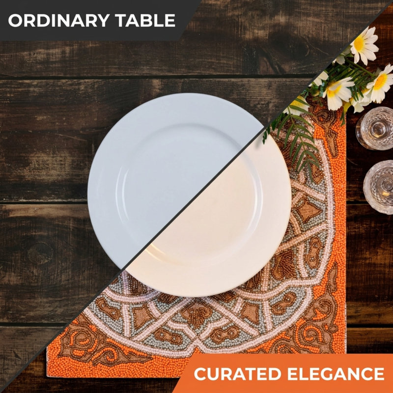 Powderly Embroidered Square Beaded Placemats Set of 2 with Satin Back for Dining Table and Christmas Decor