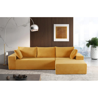 Cozyform Convertible Sectional Sofa In Soft Corduroy, Modern Comfy Couch With Full Foam Cushioning, Cozy Sleeper Sectional For Living Room, Bedroom, No Assembly Required, Ginger Yellow - Right Facing