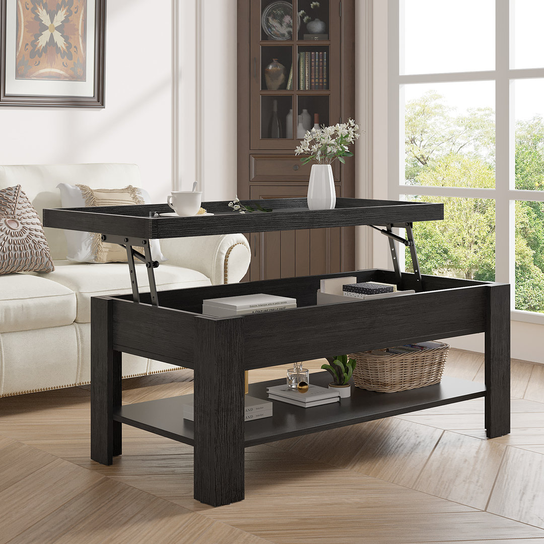 Arrik Minimalist Lift Top Coffee Table w/ Hidden Storage Compartment & Open Shelves Millwood Pines 