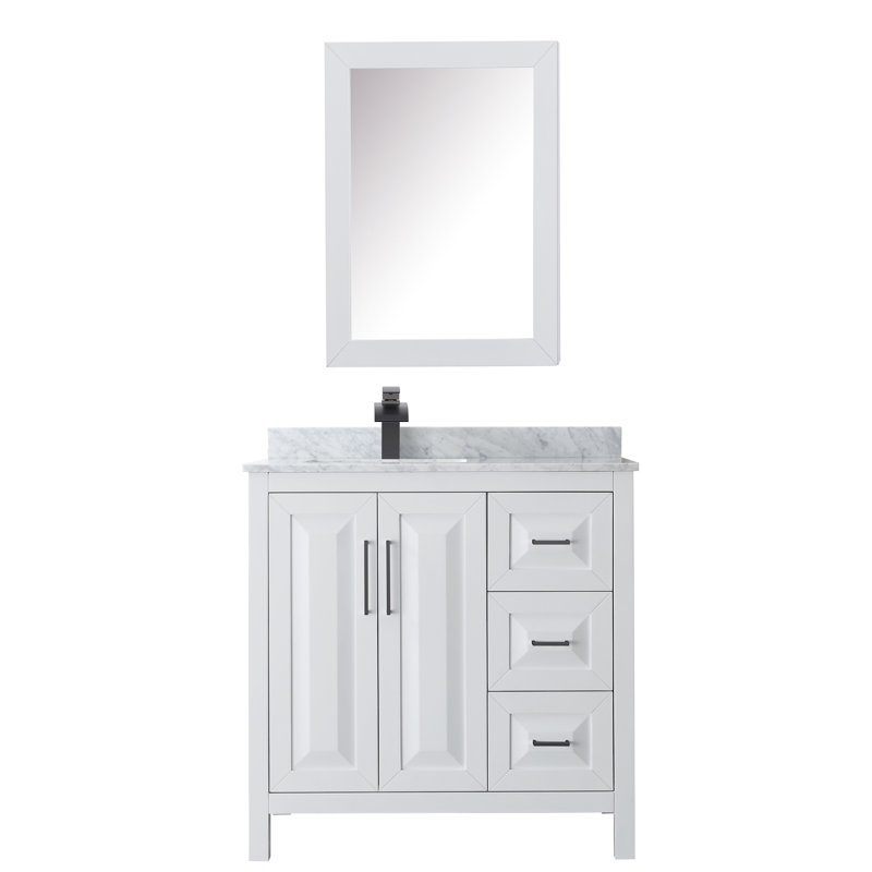 Daria 36'' W Single Vanity, Dark Blue, White Marble, Matte Black