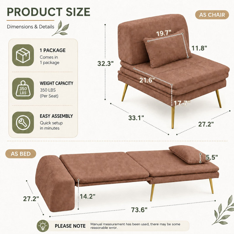 Canapé-lit convertible 3 en 1, fauteuil futon avec coussin, multifonctionnel pour le salon, gris, Chenille brune