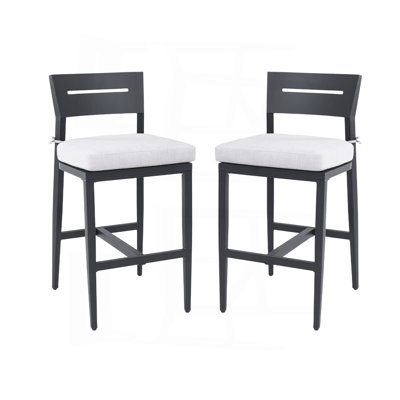 Modern Outdoor 2PC Bar Stools, Aluminum Patio Bar Chair With Ergonomic Backrest, Tapered Legs, Footrest, Ember Black, Sunbrella Cushion, Weather-Resistant, For Garden, Poolside, And Kitchen Island