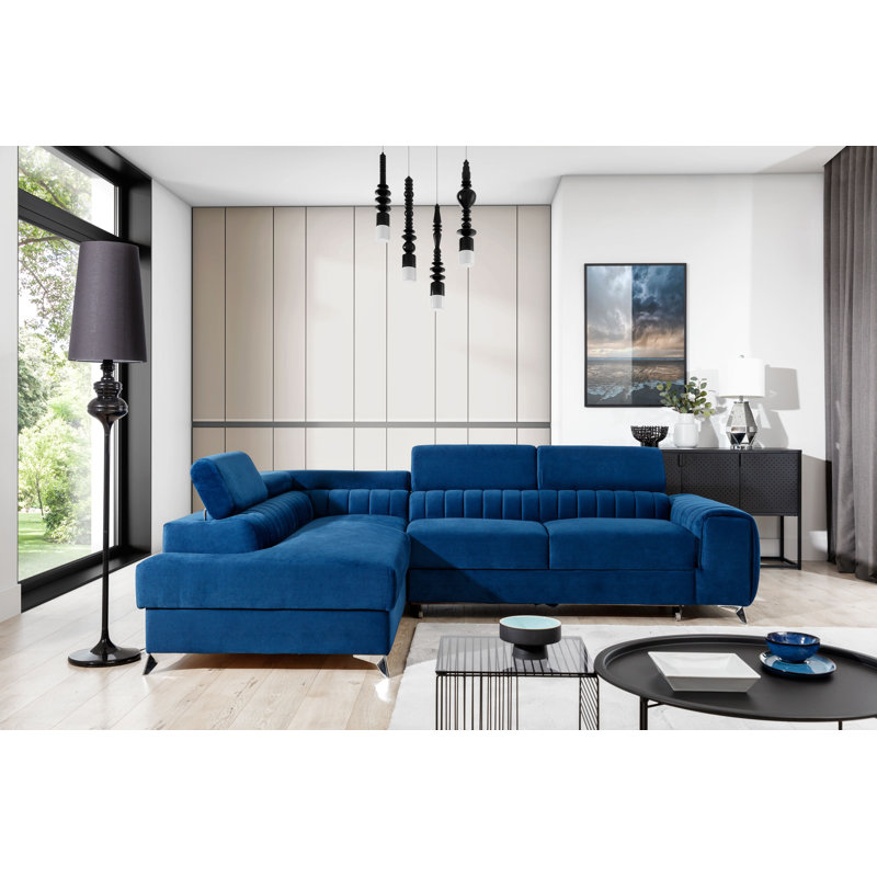 Aimantas 3 Seater Velvet Sofa Bed, Left Hand Facing, Dark Blue Velvet