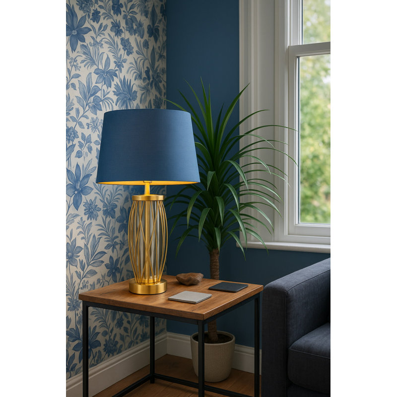 Alexarae 50cm Glass & Metal Table Lamp with linen shade, Gold, Blue