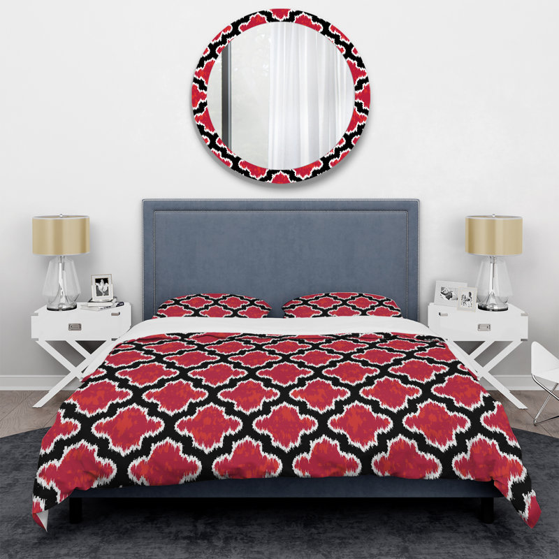 Ikat rouge géométrique - ensemble de housse de couette abstrait - microfibre de polyester