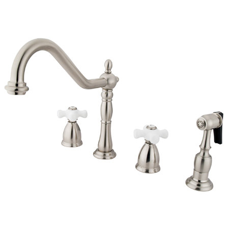 Robinet de cuisine à deux poignées avec poignées transversales en porcelaine Heritage, Nickel satiné