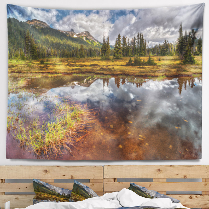 Paysage, lac transparent, miroir, tapisserie, ciel nuageux, H 32 po x l 39 po
