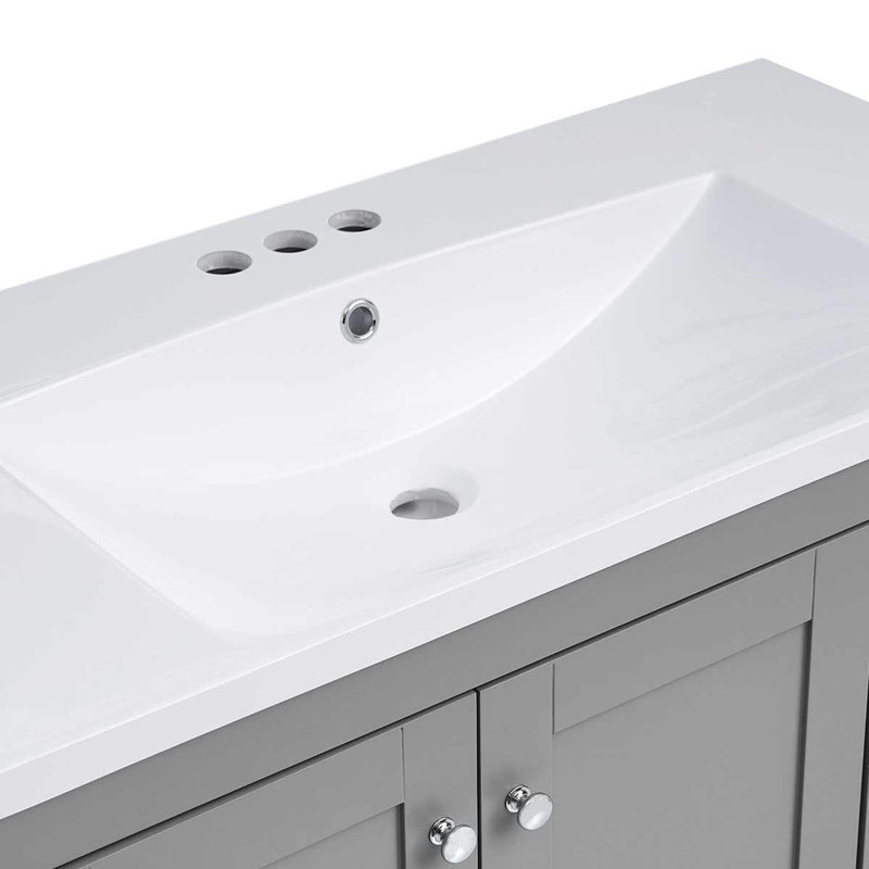 Meuble-lavabo simple 36 po avec plateau en céramique Rhyis, armoire avec 4 tiroirs à fermeture en douceur, Gris