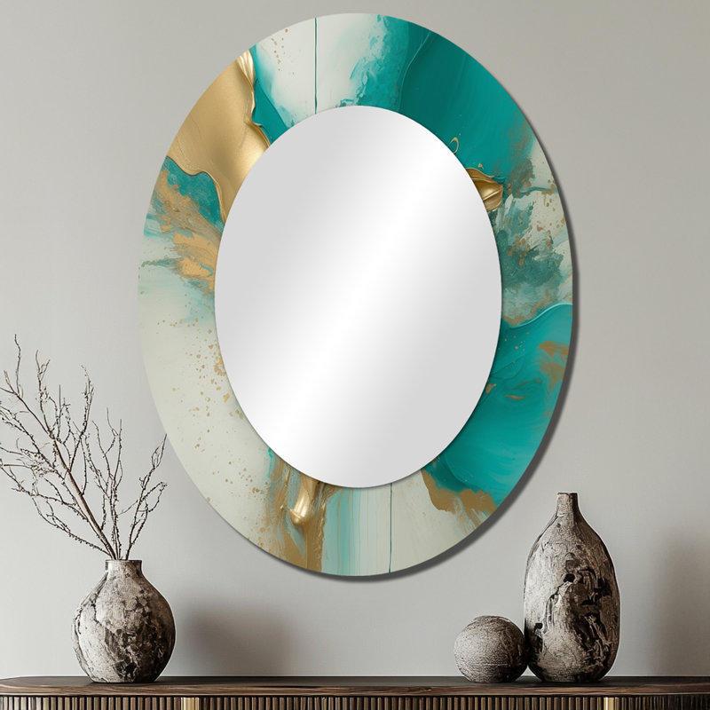 Gold And Turquoise Marble Fuild Ink II - Large Oval Wall Mirror On Metal, 40" x 30"