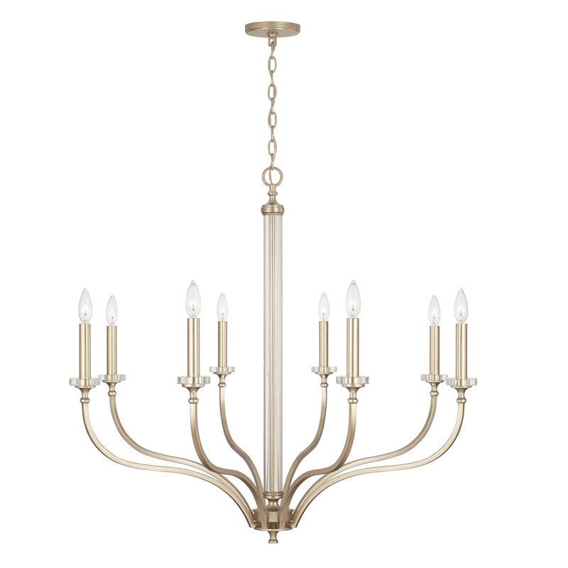 Grand lustre 8 lumières en champagne brossé l 38 po x H 35 po avec colonne en acrylique et bobeches
