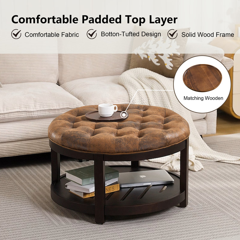 Farmhouse Upholstered Storage Tufted Ottoman with Free Tray, Brown Faux Leather