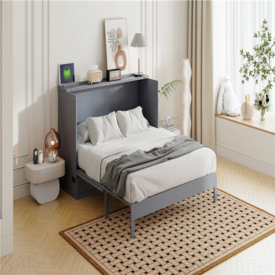 Queen Size Murphy Bed With Large Drawers, Grey