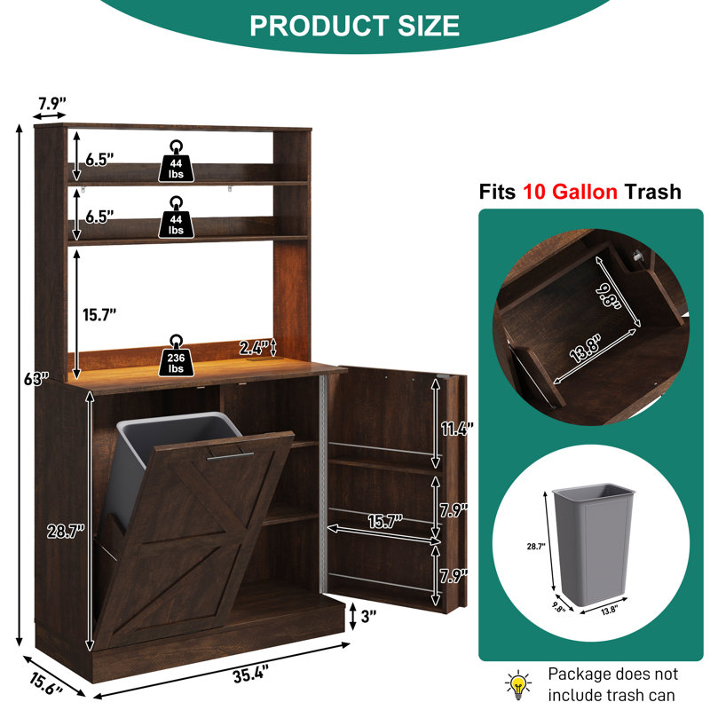 Armoires de rangement 63 po H avec poubelle 10 gallons, lumière DEL, prise, Brown