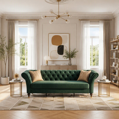 Emerald Velvet Chesterfield Sofa with Deep Button Tufting, Rolled Arms, and Turned Wood Legs for Mid-Century Modern Decor