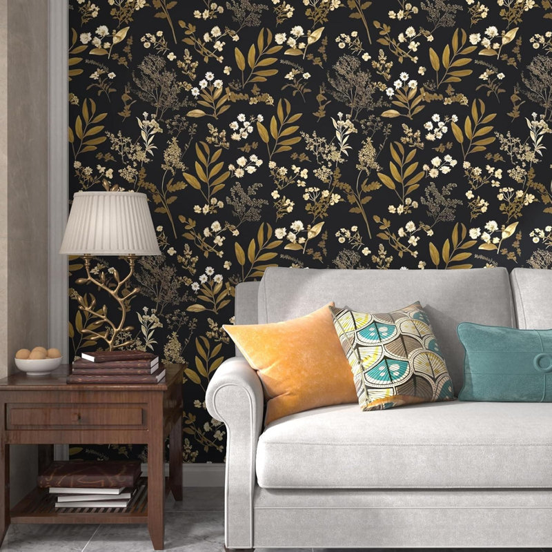 Papier peint adhésif noir et noir à motif floral auto-adhésif pour décoration murale, botanique et imperméable