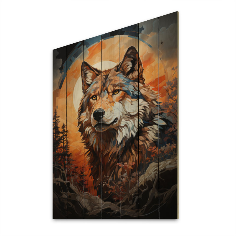 Loup amérindien orange brun sur bois, H 32 po x l 24 po x P 0,78 po