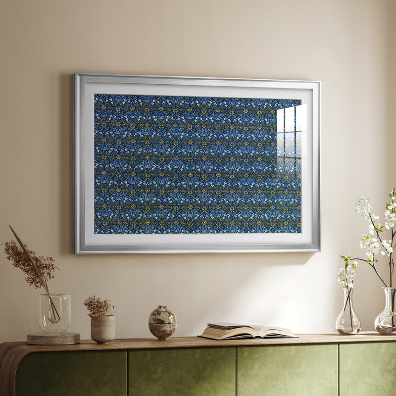 Motif floral répétitif (bleu et or) - William Morris - reproduction encadrée avec passe-partout et verre - c. 1880, Argent