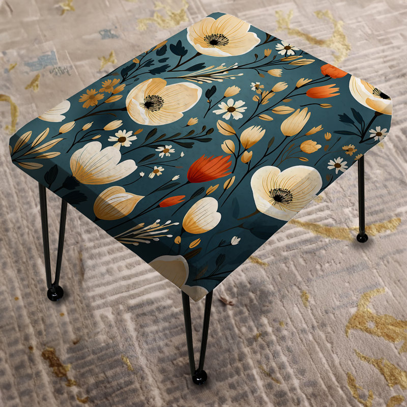 Repose-pieds rectangulaire bleu sarcelle et jaune avec fleurs Tranquil