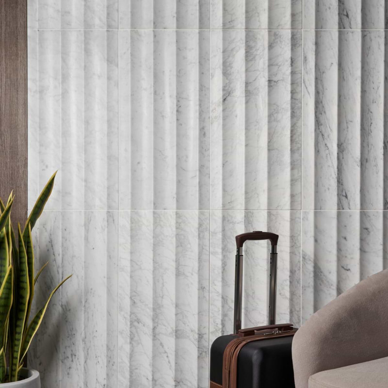 Stonework Carrara White 12x24 Marble Tile, Fluted 3D Honed