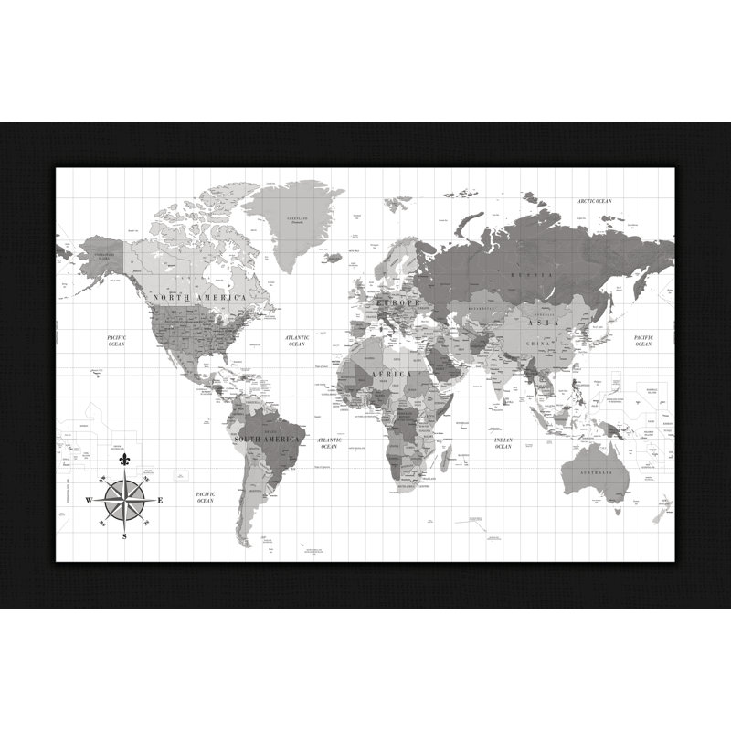 World Map Black And White - Wrapped Canvas Art Prints, 61cm H x 91cm W