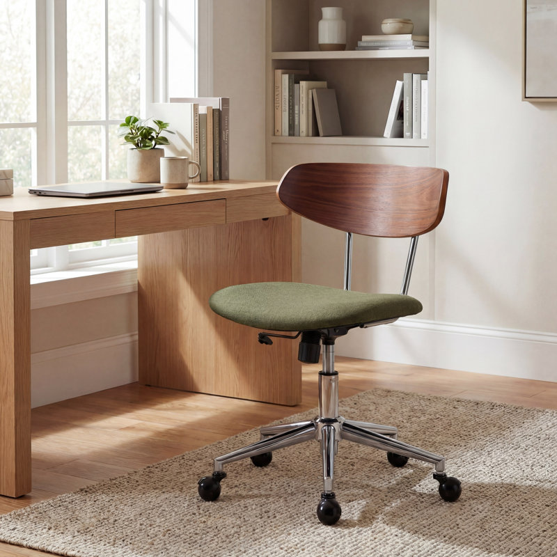 Mid Century Modern Desk Chair With Wood Back, Adjustable Height Swivel Office Chair, Ergonomic Green Fabric Upholstered Task Chair With Wheels, Retro Style For Study & Computer Room