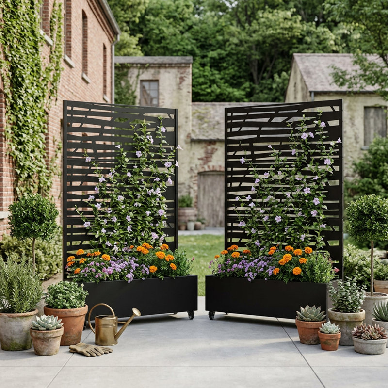 Boîte à fleurs en métal avec treillis et roues, H 72 po x l 47 po x P 16 po, Noir
