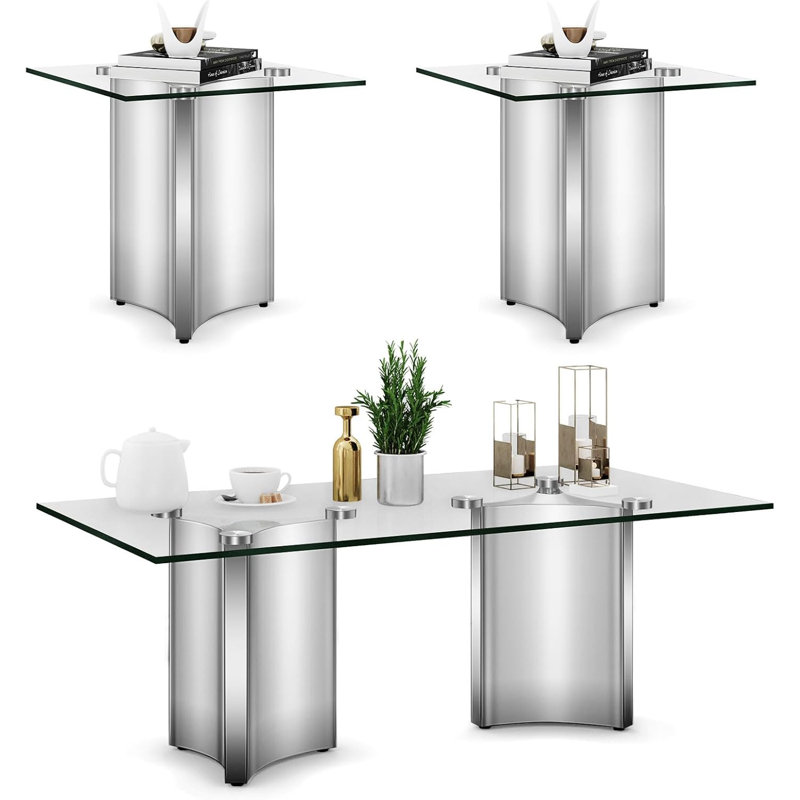 Ensemble de table de salon 3 pièces en verre et argent