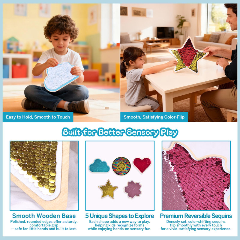 Paquet de 5 panneaux sensoriels pour enfants avec paillettes réversibles 9,8 po avec base en bois, 5 formes uniques pour les enfants